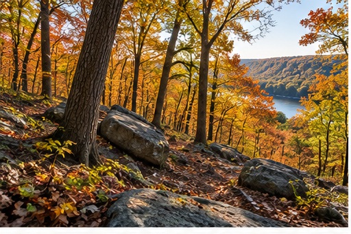 Wooded hillside above a river