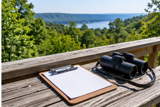 View over wooded hills and water
